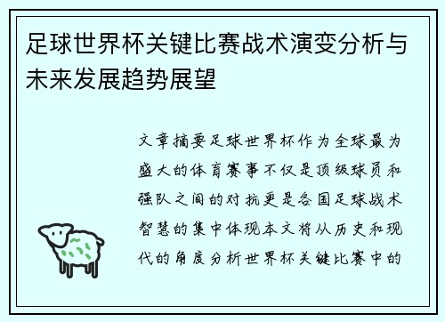 足球世界杯关键比赛战术演变分析与未来发展趋势展望